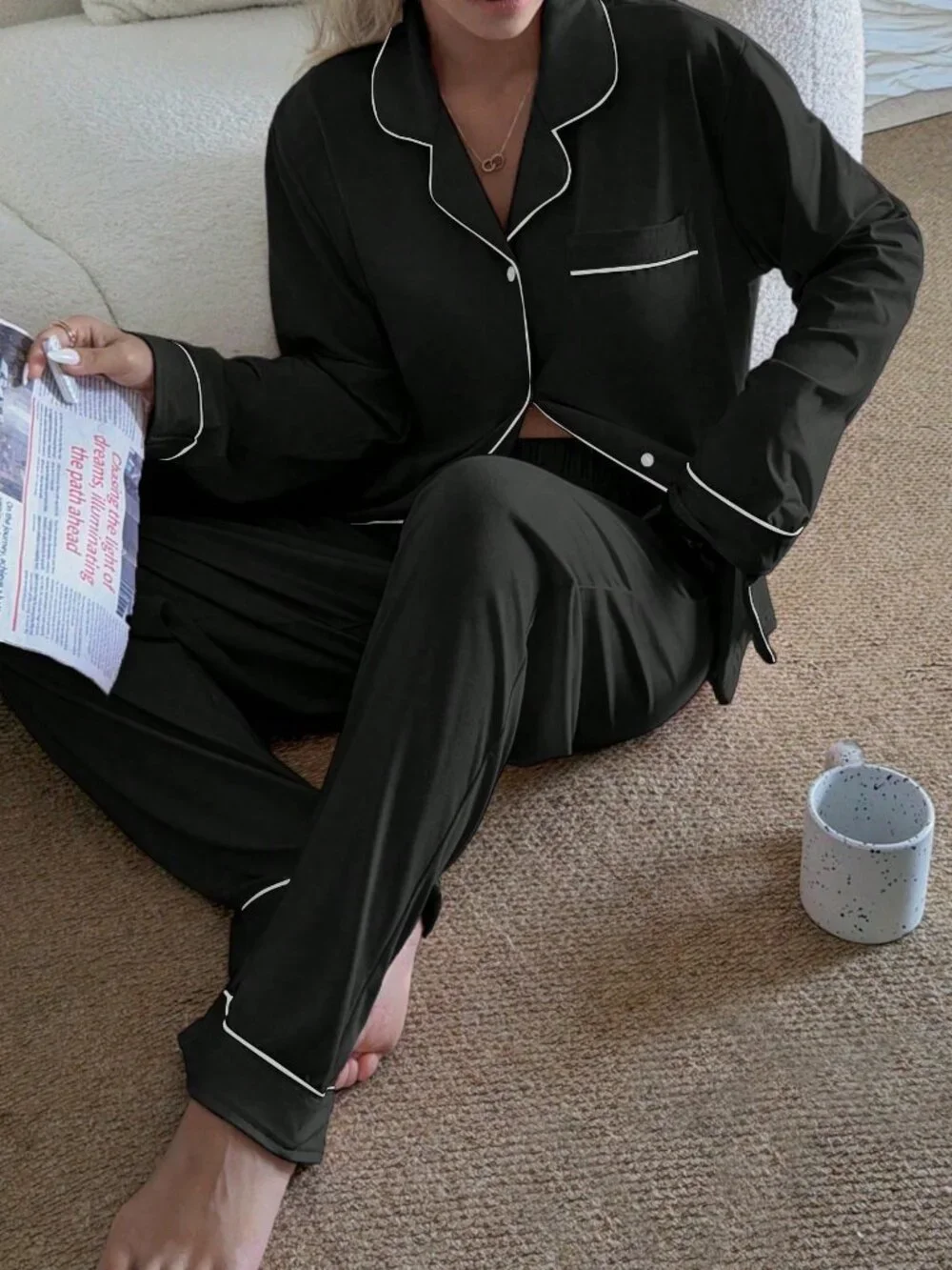Black Elegant Women's Notched Collar Long Sleeve top & pants Pajama Set